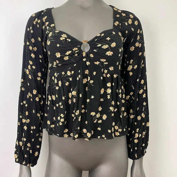 American Eagle Outfitters Blouse Womens S Black w. Yellow Floral Puff Sleeve Top - Picture 1 of 14